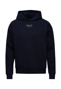 Granatowa bluza z kapturem wykonana z mieszanki bawełny, z przednią kieszenią, ściągaczami przy mankietach i logo nadrukowanym na piersi.