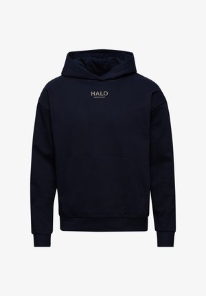 Dunkelblaues Hoodie aus einem Baumwollmix, mit einer Fronttasche, gerippten Bündchen und einem auf der Brust aufgedruckten Logo.