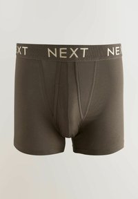 Boxer briefs gris foncé avec une ceinture élastique arborant un logo "NEXT" répétitif en beige clair. Tissu doux et extensible avec une texture lisse.