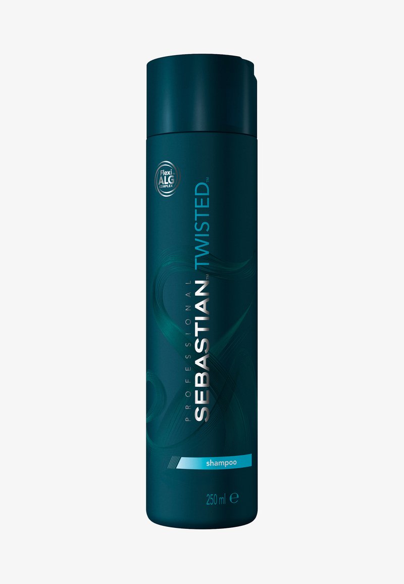 Donkerblauwe shampoofles met een slanke cilindervorm. Bevat een label met een blauwe accent en een cirkelvormig embleem dat "Flexi ALG Complex" aangeeft.