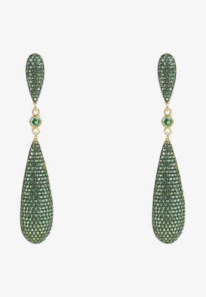 Pendientes de gema verde con forma de lágrima, que presentan una superficie texturizada y acentos dorados. Incluye dos pequeñas piedras verdes circulares.