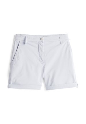 Pantaloni corti in cotone azzurro chiaro con orlo arrotolato, tasche frontali e chiusura con un solo bottone in vita. Texture liscia e design casual.