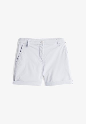 Gaiši zili kokvilnas šorti ar sarullētu apmalēm, priekšējām kabatām un vienu pogu aizdari jostasvietā. Gluda tekstūra un ikdienišķs dizains.