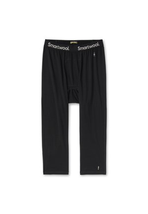 Black lightweight pants with a fitted design, made from wool blend material. Features branded waistband and subtle decorative lower accent.