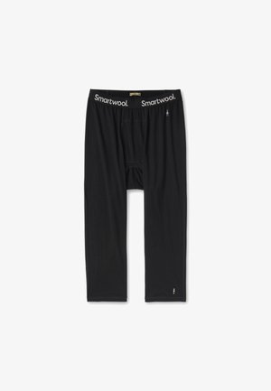 Black lightweight pants with a fitted design, made from wool blend material. Features branded waistband and subtle decorative lower accent.