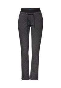 Pantaloni neri a fantasia con design a diamante, vita elastica con cordino e taglio dritto. Tessuto morbido con una consistenza liscia.