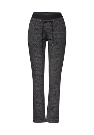 Pantaloni neri a fantasia con design a diamante, vita elastica con cordino e taglio dritto. Tessuto morbido con una consistenza liscia.