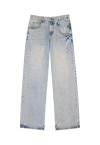 Light blue denim jeans with a straight-leg design, featuring distressed accents, five pockets, and visible stitching details.