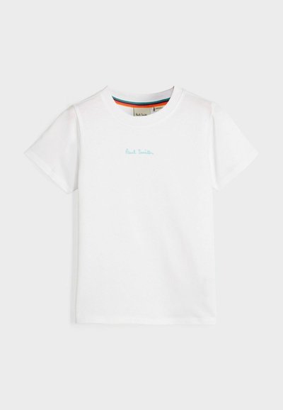Biela bavlnená tričko s krátkymi rukávmi, na hrudi má vyšívané svetlomodré logo "Paul Smith" a farebne pruhovaný výstrih.