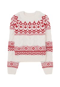 Maglione bianco con motivo geometrico rosso e bianco e dettagli a treccia lavorata a maglia. Design con scollo rotondo, polsini e orlo a costine.