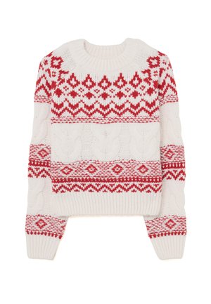 Weißer Pullover mit einem rot-weißen geometrischen Muster und Zopfmuster-Akzenten. Rundhalsausschnitt mit gerippten Bündchen und Saum.