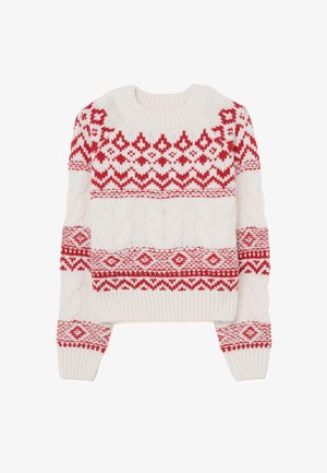 Maglione bianco con motivo geometrico rosso e bianco e dettagli a treccia lavorata a maglia. Design con scollo rotondo, polsini e orlo a costine.