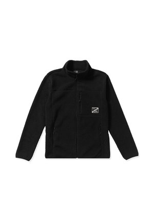 Musta fleece-takki korkealla kauluksella, edessä vetoketju, kaksi sivutaskua ja rintatasku, jossa on pieni logo-ompelus. Pehmeä rakenne.
