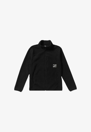 Schwarze Fleecejacke mit hohem Kragen, Frontreißverschluss, zwei Seitentaschen und einer Brusttasche mit einem kleinen Logopatch. Weiche Textur.