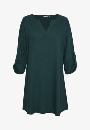 Tunică verde închisă dintr-un material texturat, cu decolteu în V, mâneci ¾ răsfrânte și un tiv drept.