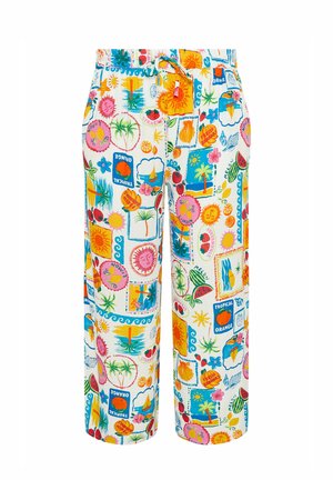 Bunte Hosen mit weitem Bein in tropischen und fruchtigen Motiven, darunter Sonnen, Palmen, Muscheln, Blumen und Texten wie "Tropical Orange" und "Strawberry".