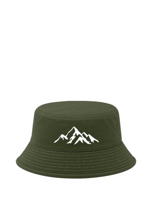 Dark green bucket hat with a white mountain range graphic centered on the front, featuring stitched detailing around the brim.