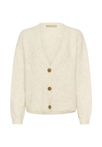 Kremeni kardigan s V-izrezom, pet dekorativnih dugmadi i teksturiranom obradom. Ima rebraste manžetne i obrub, izrađen je od mekog pletiva.