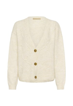 Kreminė kardiganas su V formos iškirpte, penkiais dekoratyviais mygtukais ir tekstūruotais elementais. Turi raukšlėtus rankogalius ir apatinę dalį, pagamintas iš minkštos mezgimo medžiagos.