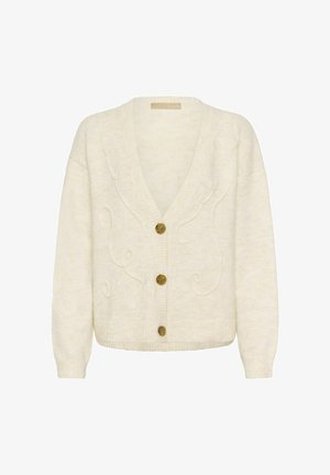 Kreminė kardiganas su V formos iškirpte, penkiais dekoratyviais mygtukais ir tekstūruotais elementais. Turi raukšlėtus rankogalius ir apatinę dalį, pagamintas iš minkštos mezgimo medžiagos.