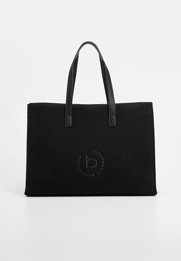 Borsa a tote rettangolare nera con due manici in pelle e un sottile logo circolare ricamato che presenta la lettera "b" al centro.