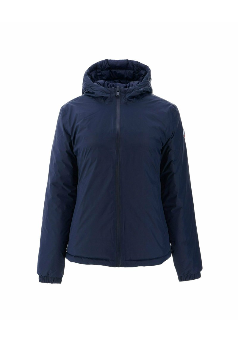 Navyblauwe gewatteerde jas met een ritssluiting, aangehechte capuchon, elastische manchetten en een licht getailleerde zoom. Gladde textuur, lichtgewicht materiaal.