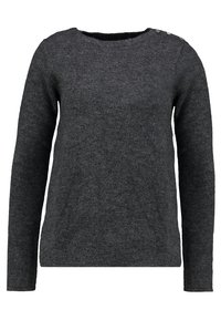 Maglione grigio scuro a maniche lunghe realizzato in tessuto morbido. Collo rotondo con tre bottoni decorativi sulla spalla sinistra. Design semplice.