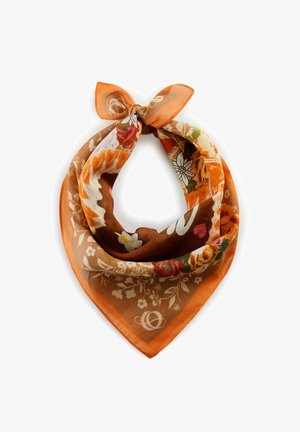 Zijde sjaal in bruin met een oranje rand, met bloemenpatronen in roze, wit en groen. In een lus geknoopt, driehoekige vorm.