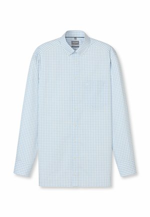 Hellblau kariertes Hemd mit langen Ärmeln, Button-Down-Kragen, einer Brusttasche und weißen Knöpfen. Glatter Baumwollmischstoff.