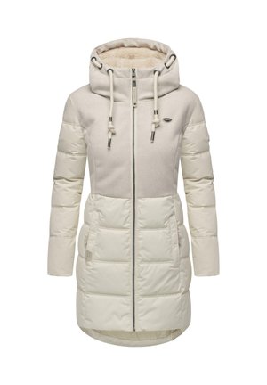 Lichtgekleurde, knielange donsjas met een fleece-gevoerde capuchon, ritssluiting en opgestikte zakken. Bevat een mix van gladde en gestructureerde stof.