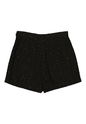 Pantalones cortos negros con textura y cintura alta, con sutiles lentejuelas, bolsillos laterales y un dobladillo limpio sobre un fondo blanco.