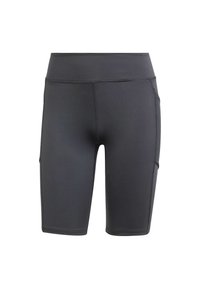 Pantalones cortos deportivos negros hechos de tela elástica, con una cinturilla alta y bolsillos laterales. Textura suave con costuras planas.