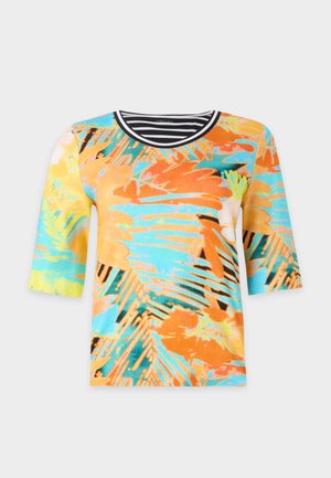 Kortærmet top med et livligt tropisk print i orange, blå og gul, med en rund, stribet hætte. Blødt stof.