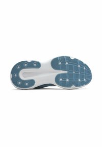 Shoe sole with a textured white base and a light blue patterned grip. Features circular and rectangular traction elements for stability.