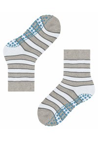 Grijs en wit gestreepte enkelsokken met blauwe antislip rubberen grips op de zool, hiel en teen.