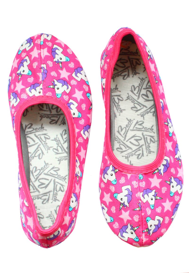 Rosa Stoffballerinas mit Einhorn- und Sternmustern, runden Zehen und elastischem Saum für eine optimale Passform. Strukturierte Innenausstattung.