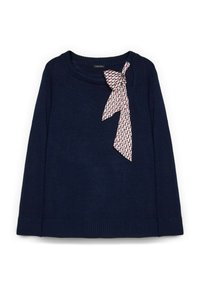 Maglione navy con scollatura rotonda, polsini a costine e un nodo di cravatta decorativo rosso e bianco. Tessuto a maglia morbida.