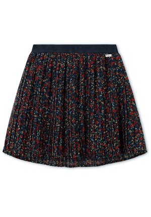 Granatowa plisowana spódnica z małym czerwono-niebieskim kwiatowym wzorem, elastycznym paskiem w talii z nadrukiem "PEPE JEANS" i małą metką z logo.