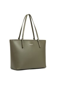 Borsa tote verde oliva con due manici lunghi e accessori in argento, con il nome del marchio "LANCASTER PARIS" impresso sul davanti.