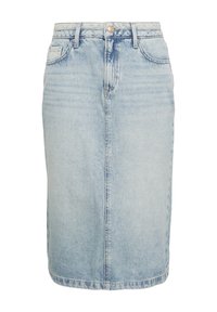 Leren denim kokerrok in lichtblauw, met een hoge taille, sluiting met knopen aan de voorkant, gestikte zakken en een rechte snit met een rafelige zoom.