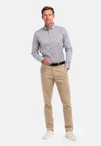 Lichtblauw gestreepte blouse met lange mouwen, beige chinos en witte sneakers. De blouse heeft een button-down kraag en een subtiele geometrische print.