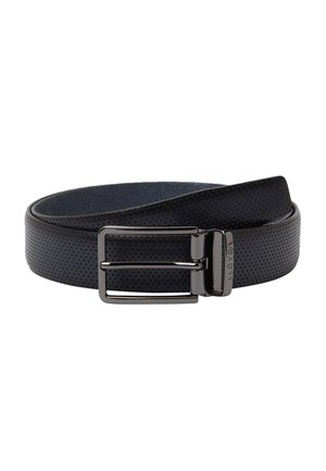Black perforated leather belt with metal buckle engraved with "LLOYD," coiled on a white background.