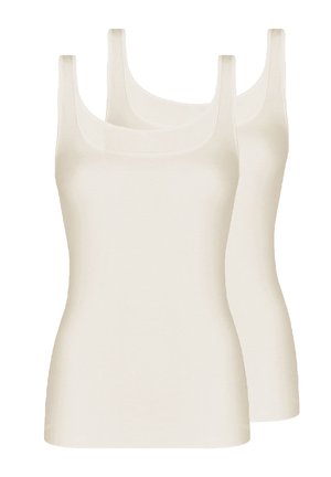 Two plain beige sleeveless tank tops with scoop necks, shown against a white background.