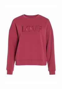 Sweat-shirt bordeaux avec un col rond et des épaules tombantes. Présente un texte en relief "LOVE" sur le devant. Matière douce en coton.