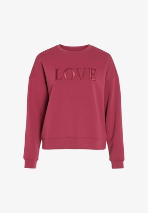 Maroon sweatshirt with a rounded neckline and dropped shoulders. Features embossed "LOVE" text on the front. Soft cotton material.