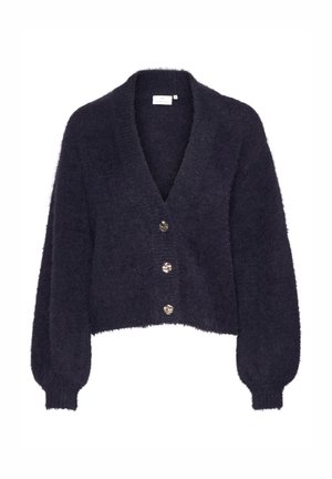 Marinblå fuzzy cardigan med V-udskæring, lange ærmer og fem metalliske knapper ned foran. Blødt, tekstureret stof med en cropped afslutning.