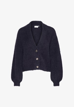Granatowy, puszysty kardigan z dekoltem w serek, długimi rękawami i pięcioma metalowymi guzikami z przodu. Miękka, fakturowana tkanina z krótkim dołem.