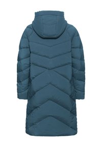 Cappotto imbottito color teal con cappuccio, caratterizzato da un design a rombi e maniche lunghe. Il materiale sembra liscio con una leggera lucentezza.