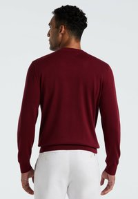 Bordeaux gebreide trui met een ronde hals, lange mouwen en ribgebreide manchetten, gecombineerd met lichtgekleurde broeken, weergegeven vanuit de achterkant.