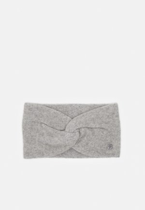 Gray knitted headband with a twisted design, featuring a smooth texture and a small logo tag on one side.